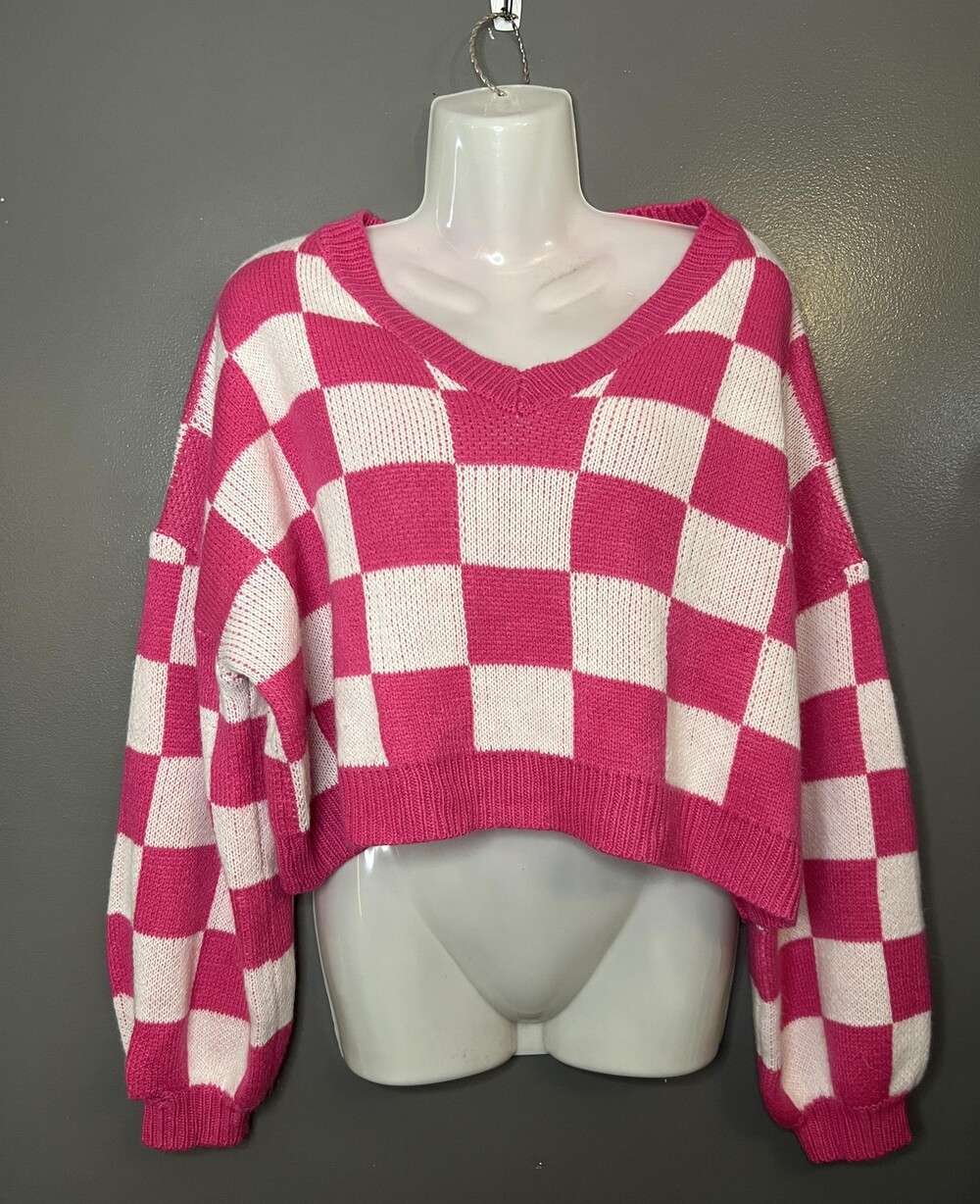 Better Be Sweater Womens Medium Pink White Checkered Cropped Balloon Sleeve